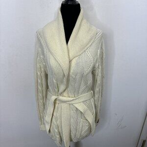 Vintage Kari Lynn Woman M Open Cardigan Belted Cable Knit Sweater Fisherman 70s